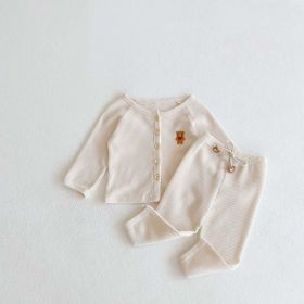 Baby Cartoon Bear Embroidered Graphic Button Front Waffle Knitted Cardigan Combo Pants Sets (Size/Age: 100 (2-3Y), Color: Apricot)