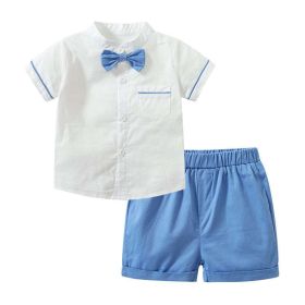 Baby Boy Solid Color Single Breasted Design Bow Tie Shirt Combo Shorts College Style Sets (Size/Age: 110 (3-5Y), Color: Blue)