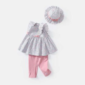 Baby Girls Floral Print Sleeveless Dress Combo Pink Solid Pants With Sun Hat In Sets (Size/Age: 90 (12-24M), Color: pink)