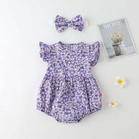 Baby Girl Floral Print Onesies With Headband In Summer Outfit Wearing (Size/Age: 73 (6-9M), Color: Purple)