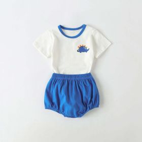 Baby Cartoon Dinosaur Pattern Contrast Neck Tee Combo Solid Shorts Sets (Size/Age: 90 (12-24M), Color: Blue)