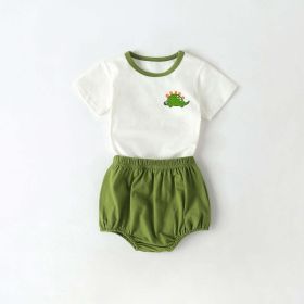 Baby Cartoon Dinosaur Pattern Contrast Neck Tee Combo Solid Shorts Sets (Size/Age: 80 (9-12M), Color: Green)