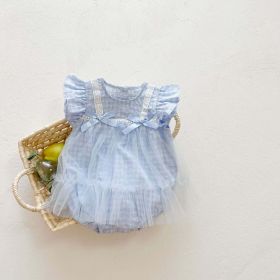 Baby Girl Grid Pattern Combo Mesh Design Round Collar Short-Sleeved Onesies (Size/Age: 80 (9-12M), Color: Blue)