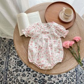 Baby Girl Floral Print Short-Sleeved Round Collar Onesies (Size/Age: 66 (3-6M), Color: pink)