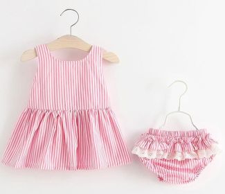 Baby Girl Striped Pattern Dress Combo Short Pants In Sets (Size/Age: 100 (2-3Y), Color: pink)