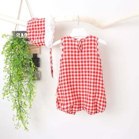 Baby Girl Grid Pattern Ruffles Collar Sleeveless Romper (Size/Age: 80 (9-12M), Color: Red)