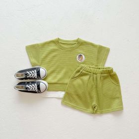 Baby Boys And Girls Bear Print Pattern Solid Color Design Round Neck Short-Sleeved Top Combo Shorts Sets (Size/Age: 73 (6-9M), Color: Green)