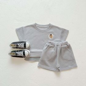 Baby Boys And Girls Bear Print Pattern Solid Color Design Round Neck Short-Sleeved Top Combo Shorts Sets (Size/Age: 100 (2-3Y), Color: GREY)