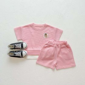 Baby Boys And Girls Bear Print Pattern Solid Color Design Round Neck Short-Sleeved Top Combo Shorts Sets (Size/Age: 66 (3-6M), Color: pink)