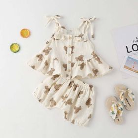 Baby Girl Small-Bear Cartoon Pattern Flounce Design Sleeveless 1-Pieces Set (Size/Age: 80 (9-12M), Color: Apricot)