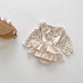 Baby Girl Floral Pattern Ruffle Neck Shirt Combo Corduroy Fabric Strap Dress Sets (Size/Age: 73 (6-9M), Color: Apricot)