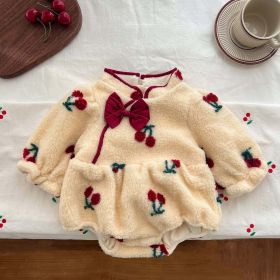 Baby Cherry Pattern Fleece Thickened Warm Onesies Outfits (Size/Age: 100 (2-3Y), Color: Apricot)
