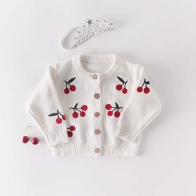 Baby Girl 1pc Cherry Embroidered Graphic Crotch Knitted Bodysuit & Button Front Sweater Coat Sets (Size/Age: 66 (3-6M), Color: White)