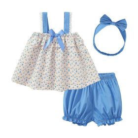 Baby Girl Floral Graphic Bow Tie Patched Design Lace Sling Tops Combo Solid Blue Shorts Sets (Size/Age: 90 (12-24M), Color: Blue)
