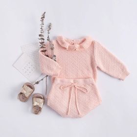 Baby Girl 1pcs Ruffle Neck Solid Shirts And Belted Triangle Shorts Fall Winter Knit Sets (Size/Age: 73 (6-9M), Color: pink)