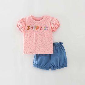 Baby Girl Floral & Slogan Print Graphic Puff Sleeve Tee Combo Denim Shorts Sets (Size/Age: 130 (7-8Y), Color: pink)