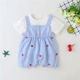 Baby Girl 1pcs Plaid Graphic Strawberries Embroidery Snap Button Jumpsuit & Solid Tee Sets (Size/Age: 100 (2-3Y), Color: Blue)