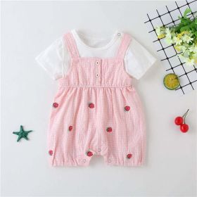 Baby Girl 1pcs Plaid Graphic Strawberries Embroidery Snap Button Jumpsuit & Solid Tee Sets (Size/Age: 73 (6-9M), Color: pink)
