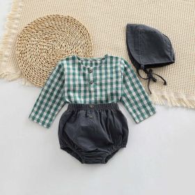 Baby Plaid Graphic Tops And Solid Shorts With Hat 1Pieces Sets (Size/Age: 66 (3-6M), Color: Green)