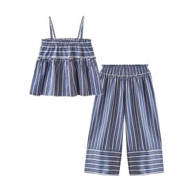 Baby Striped Pattern Lace Design Sling Tops Combo Pants 1-Pieces Sets (Size/Age: 120 (5-7Y), Color: Blue)