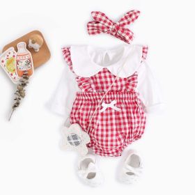 Baby Girl Doll Neck Solid Shirt & Red Plaid Graphic Bow Patched Bodysuit 1 Pieces Sets (Size/Age: 100 (2-3Y), Color: Red)