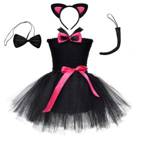 Children's Halloween Solid Color Cat Costume Mesh Tutu Dress & 1-Piece Jewelry Sets (Size/Age: Kids L (120-130), Color: pink)