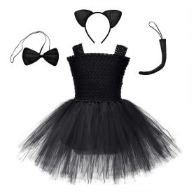 Children's Halloween Solid Color Cat Costume Mesh Tutu Dress & 1-Piece Jewelry Sets (Size/Age: Kids L (120-130), Color: black)
