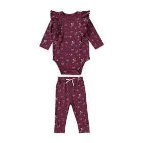 Baby Girl Ditsy Flower Pattern Ruffle Design Onesies With Pants Sets (Size/Age: 90 (12-24M), Color: Purple)