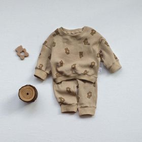 Baby Waffle Fabric Cartoon Bear Graphic Hoodies Combo Trousers Autumn Casual 1 Pieces Sets (Size/Age: 90 (12-24M), Color: Coffee)