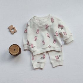 Baby Waffle Fabric Cartoon Bear Graphic Hoodies Combo Trousers Autumn Casual 1 Pieces Sets (Size/Age: 80 (9-12M), Color: beige)