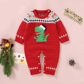 Baby Dinosaur And Dot Print Pattern Christmas Style Knit Warm Romper (Size/Age: 80 (9-12M), Color: Red)