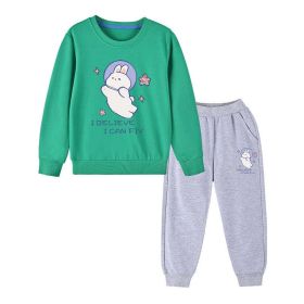 Baby Girl Cute Bunny Graphic Hoodie Combo Loose Trousers Soft Cotton Sets (Size/Age: 120 (5-7Y), Color: Light Green)