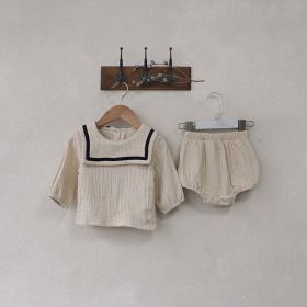 Baby Girl Solid Color Big Lapel Design Shirt Combo Shorts Sailor Style Sets (Size/Age: 66 (3-6M), Color: Apricot)