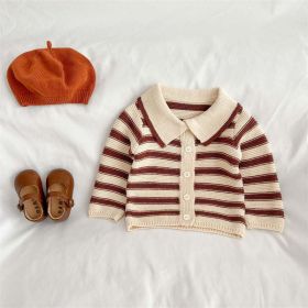 Baby Striped Pattern Lapel Knitted Cardigan With Pants Sets (Size/Age: 73 (6-9M), Color: Coffee)