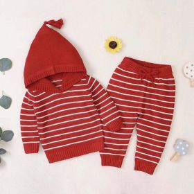 Baby 1pcs Striped Pattern Knitted Hoodie With Hat & Pants Warm Sets (Size/Age: 90 (12-24M), Color: Red)