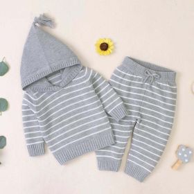 Baby 1pcs Striped Pattern Knitted Hoodie With Hat & Pants Warm Sets (Size/Age: 73 (6-9M), Color: GREY)