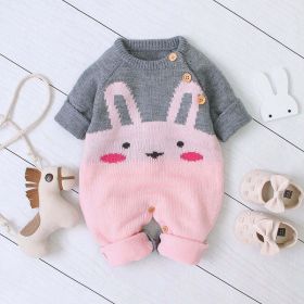 Baby 1pcs Cartton Bunny Graphic Contrast Design Shoulder Button Design Knitted Romper (Size/Age: 90 (12-24M), Color: pink)