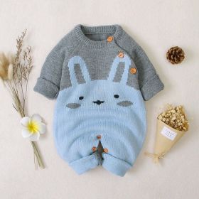 Baby 1pcs Cartton Bunny Graphic Contrast Design Shoulder Button Design Knitted Romper (Size/Age: 90 (12-24M), Color: Blue)