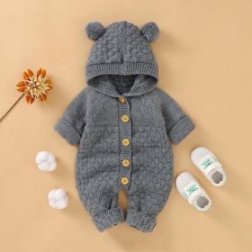 Baby 1pcs Cable Knitted Graphic Button Front Design Rompers With Hairball Patched Hat (Size/Age: 73 (6-9M), Color: GREY)