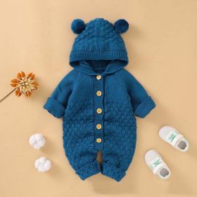 Baby 1pcs Cable Knitted Graphic Button Front Design Rompers With Hairball Patched Hat (Size/Age: 66 (3-6M), Color: Blue)