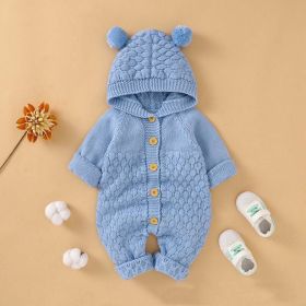 Baby 1pcs Cable Knitted Graphic Button Front Design Rompers With Hairball Patched Hat (Size/Age: 66 (3-6M), Color: Light Blue)