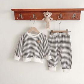 Baby Unisex Striped Pattern Bear Patched Hoodies Combo Pants Sets (Size/Age: 66 (3-6M), Color: black)