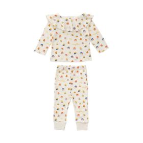 Baby Cartoon & Plaid Pattern Ruffle Neck Design Long Sleeve Sets (Size/Age: 73 (6-9M), Color: beige)