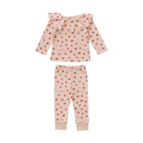 Baby Cartoon & Plaid Pattern Ruffle Neck Design Long Sleeve Sets (Size/Age: 100 (2-3Y), Color: pink)