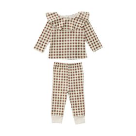 Baby Cartoon & Plaid Pattern Ruffle Neck Design Long Sleeve Sets (Size/Age: 80 (9-12M), Color: brown)