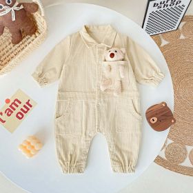 Baby 3D Cartoon Bear Patched Design Corduroy Fabric Button Front Romper (Size/Age: 80 (9-12M), Color: Apricot)