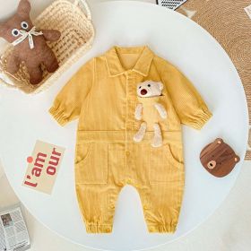 Baby 3D Cartoon Bear Patched Design Corduroy Fabric Button Front Romper (Size/Age: 100 (2-3Y), Color: Yellow)