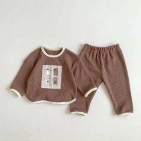 Baby Cartoon Print Pattern Waffle Fabric Design Long Sleeve Sets (Size/Age: 73 (6-9M), Color: Coffee)