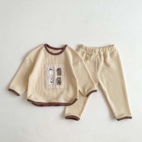 Baby Cartoon Print Pattern Waffle Fabric Design Long Sleeve Sets (Size/Age: 80 (9-12M), Color: Apricot)