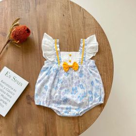 Baby Girls Floral Print Ruffle Design Square-Neck Onesies With Bow Tie (Size/Age: 80 (9-12M), Color: Blue)